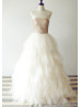 Sheer Neck Champagne Sequin Ruffled Tulle Long Prom Dress